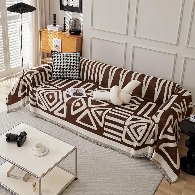 STACYPIK Soft Breathable Boho Chocolate Sofa Cover Stain Resistant Furniture Protector for 3 Cushion Couch Washable Sofa Cover for Dogs Cats Dark Khaki Reversible Sectional Covers for Sofa-91X150IN