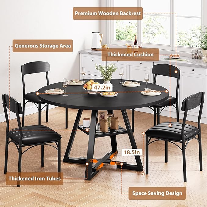Round Dining Table Set for 4, Kitchen Table and Chairs for 4, Circle Table Round Pedestal Dining Room Dinner Dinette Table Set,5 Piece Space Saving Wood Kitchen & Dining Room Tables (Black, 42In)