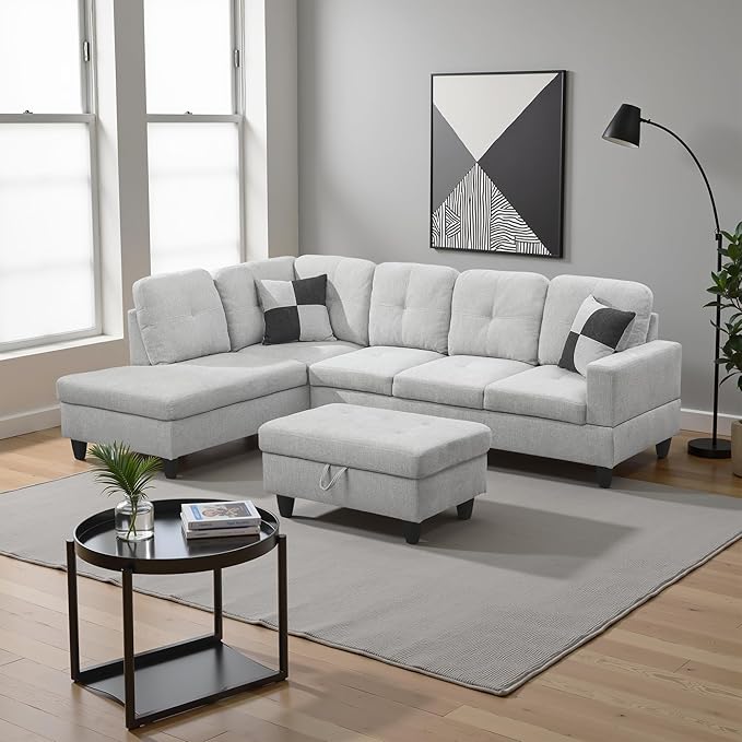 L Shaped Couch Modern Sectional Couch Upholstered Flannel Fabric 3 Pieces Sofas for Living Room with Chaise, Storage Ottoman for Office and Small Apartment, Light Grey