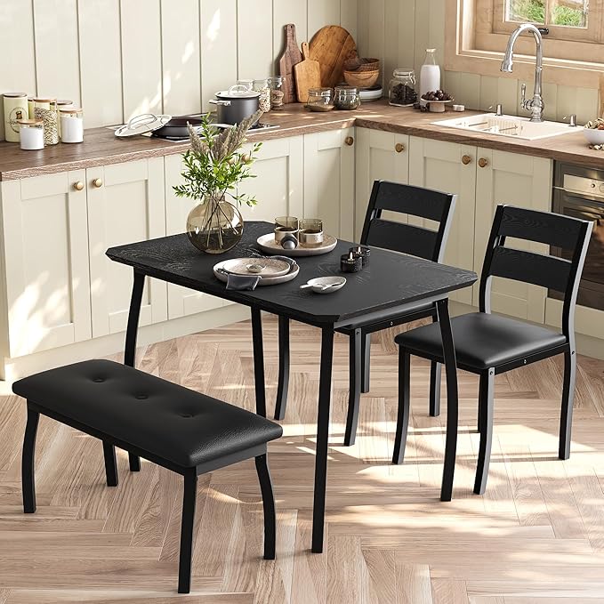 GAOMON Dining Table Set for 4, Wooden Kitchen Table with Upholstered Bench & 2 Cushion Chairs, Space-Saving Dinette Set for Studio, Kitchen, Dining Room, Apartment(43''x28''x30''), Black