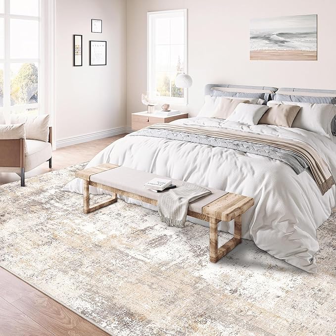 8x10 Washable Area Rug Beige Grey Neutral Abstract Living Room Bedroom Large Throw Rug Non Slip Soft Low Pile Indoor Floor Carpet for Dining Room Kitchen Office Entryway