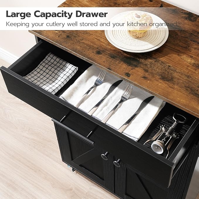 HOOBRO Kitchen Island with Power Outlet, Kitchen Island Storage Island with Large Worktop, Spice Rack and Drawer, Rolling Kitchen Cart on Wheels, for Kitchen and Dining Room, Rustic Brown and Black