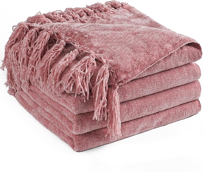 Chenille Throw Blanket for Couch 50"X 60", Soft Cozy Throws with Fringe Tassel for Bed Sofa Chair Cover, Lightweight Knitted Decorative Boho Blankets for Living Room, Mauve