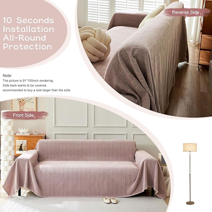 STACYPIK Thick Pink Geometric Sofa Covers for 2 Cushion Couch Reversible Herringbone Dogs Couch Covers Pet Scratch Couch Protector Blanket for Living Room Chenille Cushion Covers with Tassel-91X118IN