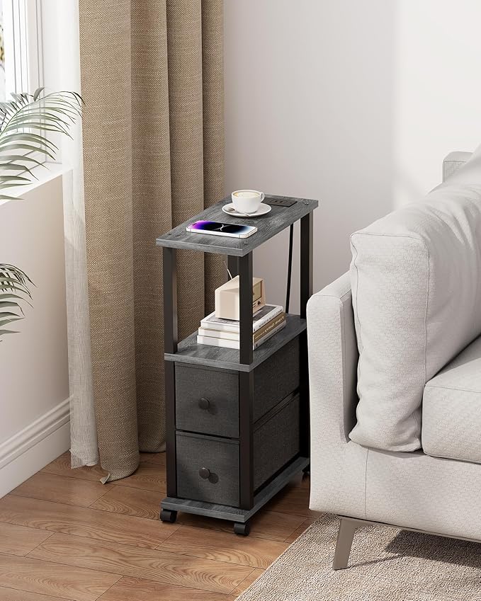 TUTOTAK Small Narrow End Tables, Side Tables with 2 Fabric Drawers, Set of 2, Bedside Tables with Charging Station for Small Spaces, Slim Nightstands with USB Ports and Wheels, TB01BY053