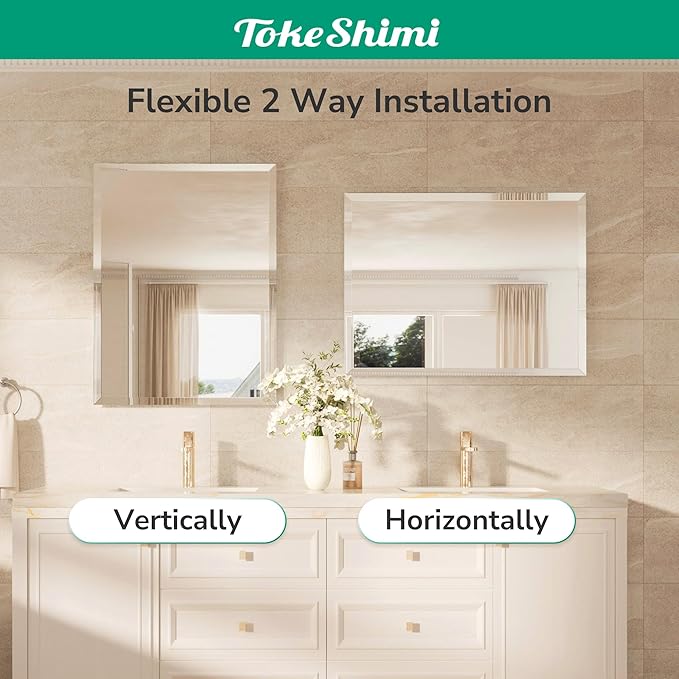 TokeShimi 40x30 Frameless Mirror Bathroom Rectangle, Bathroom Vanity Mirror Beveled with 1" Beveled Edge, Shatterproof Farmhouse Mirrored Wall Mounted for Living Room, Entryway, Restroom