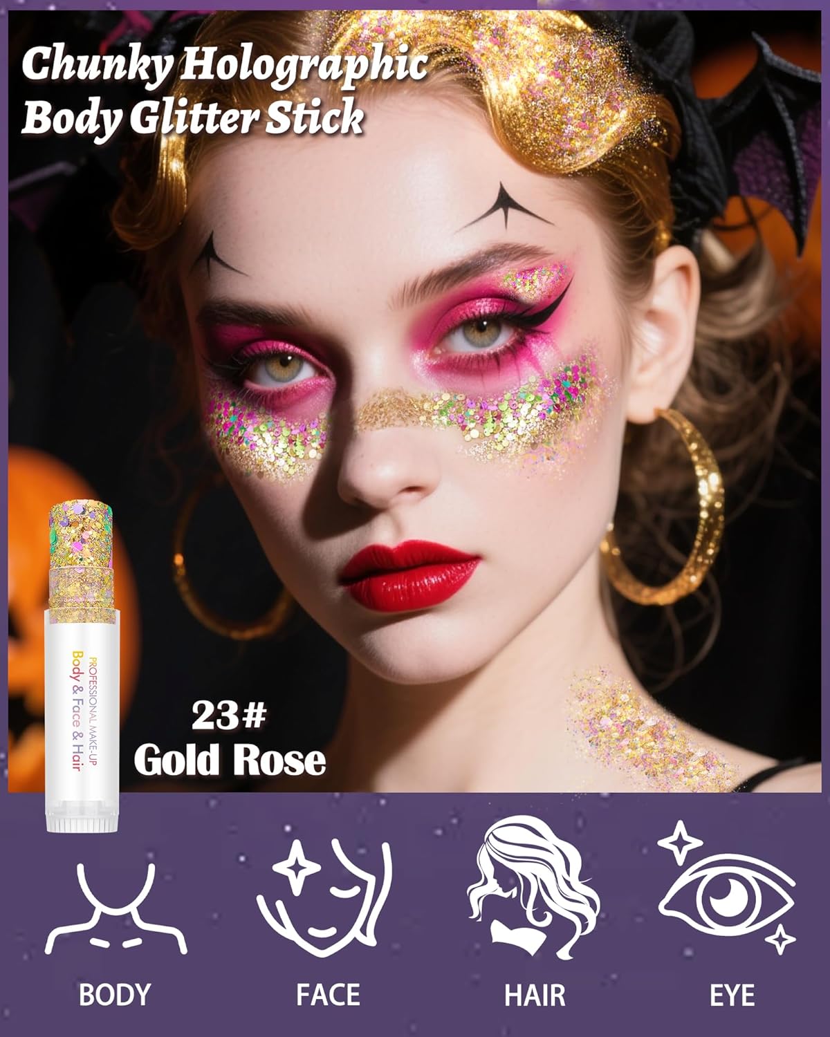 Body Glitter Stick, Waterproof Long Lasting Sparkling Face Shimmer Makeup, Singer Concerts Disco Music Halloween Festival Rave Accessories, Holographic Chunky Sequins Hair Stick,Gift for Women girl-23