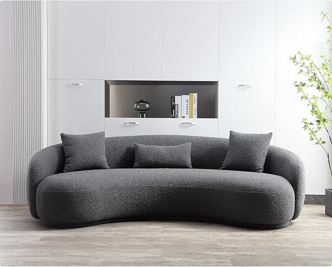 Acanva Mid Century Modern Curved Living Room Sofa, 4-Seat Boucle Fabric Couch for Bedroom, Office, Apartment, Grey