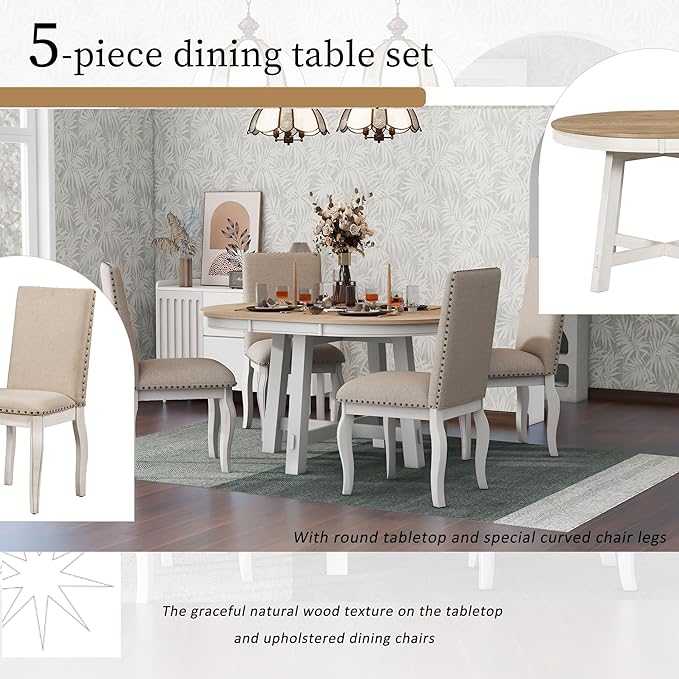 Ball & Cast 5 Piece Dining Table Set with 4 Upholstered Curved Legs Chairs,Living Room Furniture W/ 43" Round Extendable Desk,for Restaurant,Home Bistro,Oak Natural Wood + Antique White