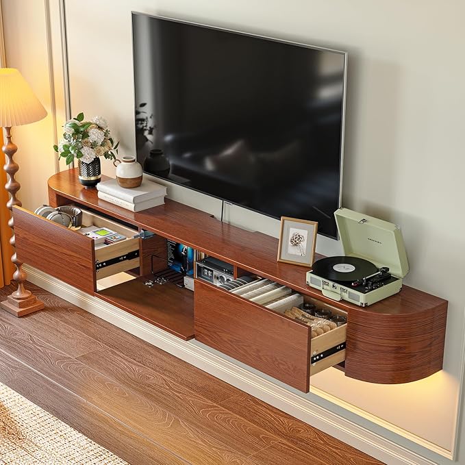 Fully Assembled Floating TV Stand with Drawers, 70IN Vintage Wall Mounted Entertainment Center, Minimalist Large Storage Console Under TV, Solid Wood Media Shelf for Living Room, Bedroom