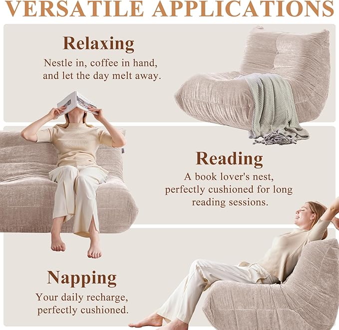 Bean Bag Chair, Fireside Chair Big Bean Bag Sofa for Adults/Teens, Memory Foam Bean Bag Gaming Chairs with Comfy Design & Premium Fabric, Lazy Floor Sofa for Living Room, Bedroom, Beige
