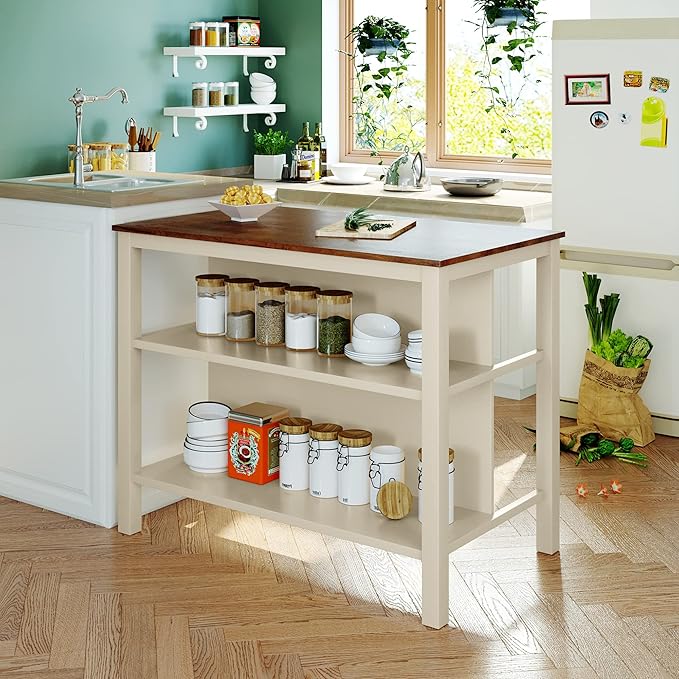 Ball & Cast 45" Solid Wood Rustic Stationary Kitchen Island,with 2 Shelves,Rubber Butcher Block Dining Table w/Shelf Half Full Open Side,for Dorm,Apartment,Walnut