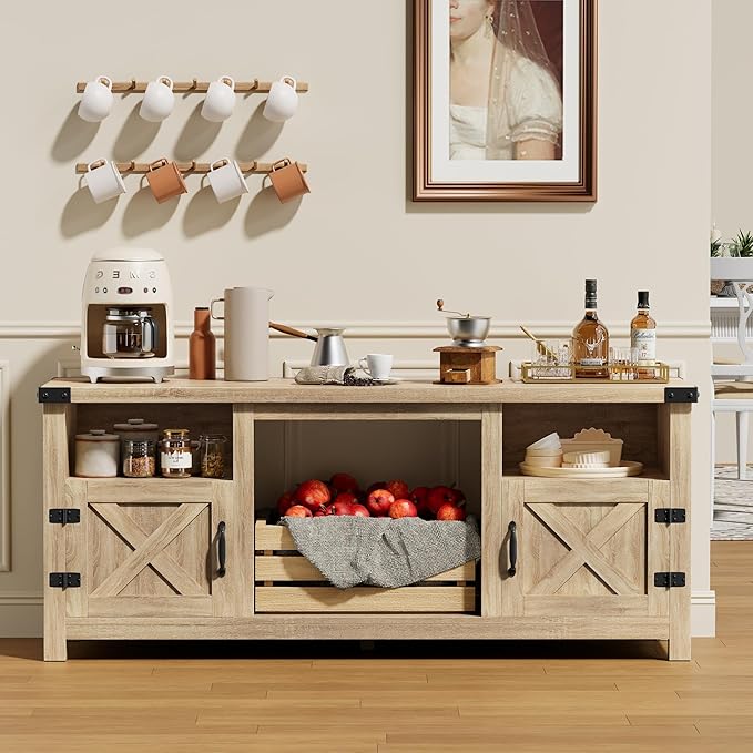YESHOMY Fireplace TV Stand with Barn Doors and Open Display Shelf, Farmhouse Media Console with Hidden Cable Routing, Entertainment Center for Televisions up to 65+ Inch, Natural Oak