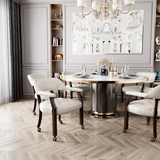 LEEMTORIG Large Dining Chairs with Casters and Arms, Rolling Dining Chairs with Wheels, Accent Solid Wood Boss Caption's Chairs, 26" D x 25.2" W x 31.5" H, Espresso Legs & Ivory PU SY-318-WT