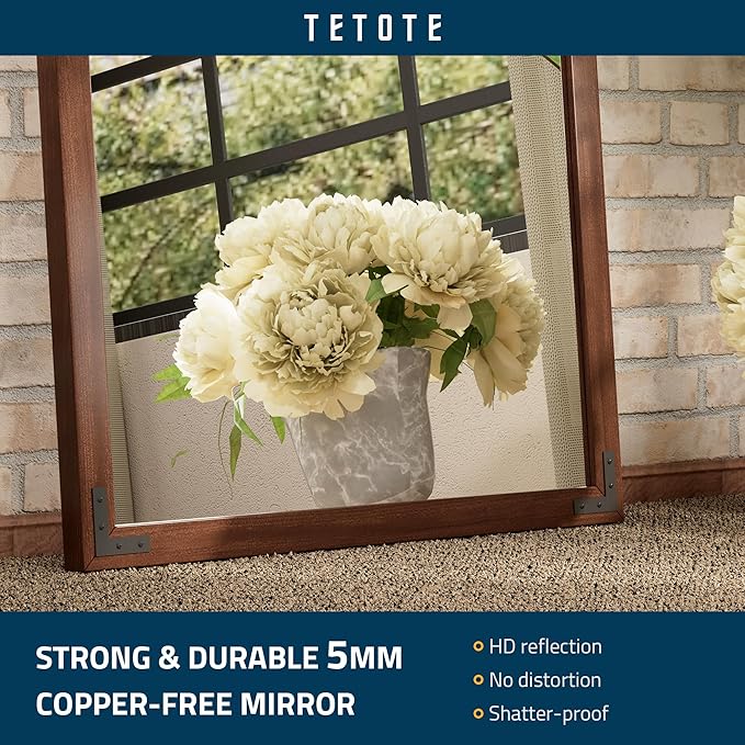 TETOTE 40 x 30 Walnut Wood Mirror for Bathroom Wall/Bedroom/Living Room/Entryway Farmhouse Rustic Bathroom Vanity Mirror Waterproof (Horizontal/Vertical Mounted)