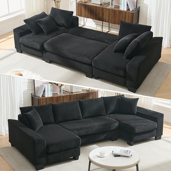 Symmetrical U Shaped Sectional Sofa Convertible Pull Out Sleeper Sofabed with Double Chaise Daybed , Corduroy Upholstered U Shaped Lounge Sofa Couch Bed w/ Throw Pillows for Living Room Apartment