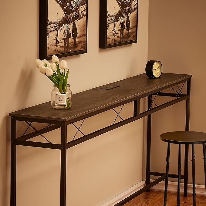 VECELO 55In Extra Long Narrow Sofa/Console Table with Charging Station & Power Outlet and USB Ports, for Entryway, Living Room, Office, Industrial, Grey