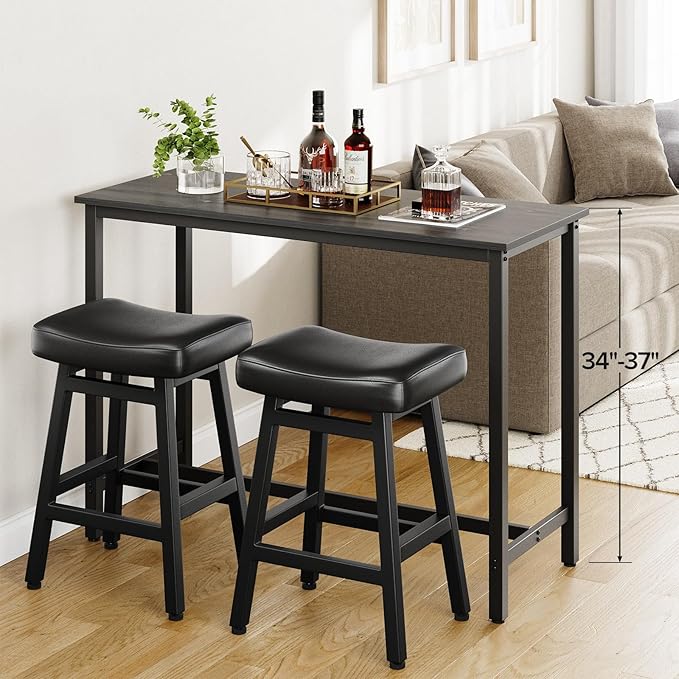 Counter Height Bar Stools Set of 2, 24 Inch Barstools for Kitchen Counter, Kitchen Stools with Bonded Leather Saddle Seats & Heavy Duty Metal Legs, Easy Assembly, Gray/Black