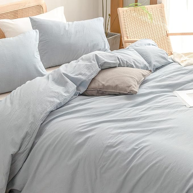 BESTOUCH Duvet Cover Set 100% Washed Cotton Linen Feel Super Soft Comfortable Chic Lightweight 2 PCs Home Bedding Set Solid Cornflower Blue Twin/Twin XL