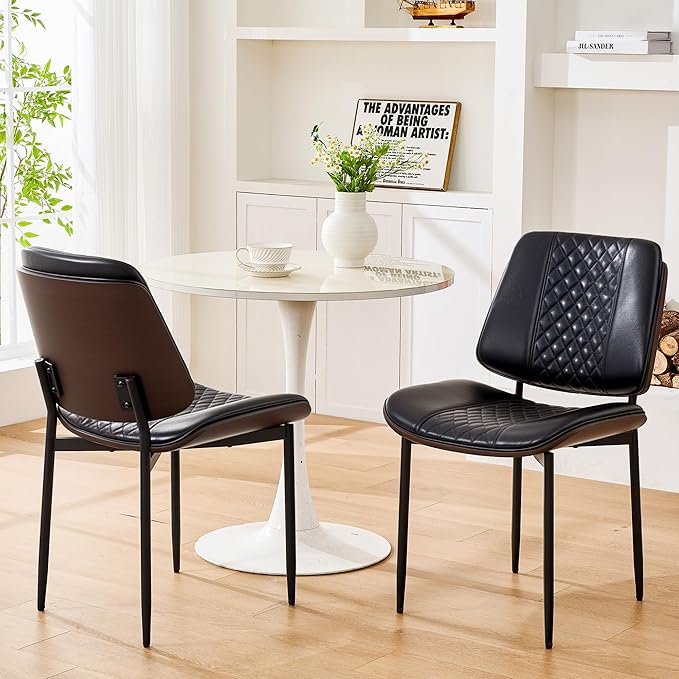 Dining Chairs Set of 6, Upholstered PU Leather Armless Chair, Mid Century Modern Dining Room Chairs, Retro Walnut Bentwood Kitchen Chair with Metal Legs and Adjustable Feet, Black