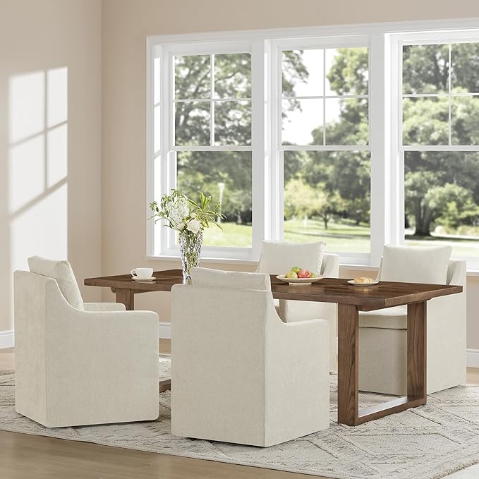 Upholstered Dining Chairs with Casters Washable Cover Side Deskchair with Rollers for Diningroom, Living Room, Cream Beige, 2 Box