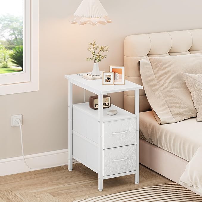 Vagusicc End Table with Charging Station Set of 2, Narrow Side Table, 23.8'' Tall Nightstand with 2 Drawers, Small Sofa Side Table Narrow Nightstand for Small Spaces, Living Room, Bedroom, White