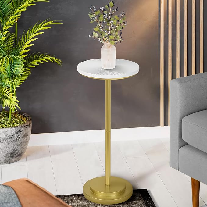 Drink Table, Carved Table Top Small Pdestal Martini SideTable for Living Room, Bedroom, Modern, Weighted Base, White and Gold