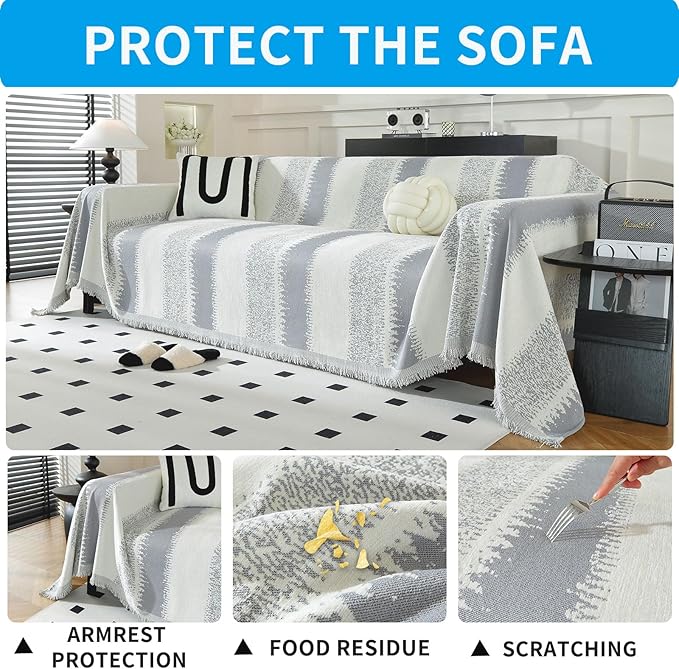 LUFEIJIASHI Boho Couch Covers for Sofa Non Slip Sofa Covers Washable Couch Covers for 3 Cushion Couch Sofa Pet Friendly Sectional Couch Cover Blanket Furniture Protector for Dogs (Grey, 91"x118")