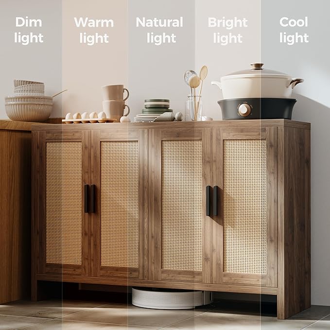 Rattan Buffet Cabinet with Storage, Sideboard Cabinet with Doors and Adjustable Shelves, Farmhouse Coffee Bar Station Table, Modern Wood Cupboard for Kitchen, Livingroom, Walnut