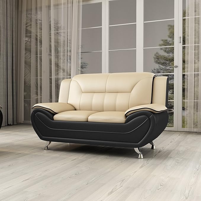 Container Furniture Direct Michael Modern Faux Leather Upholstered Stainless Steel Legs Living Room Sofa, Loveseat, Black Camel