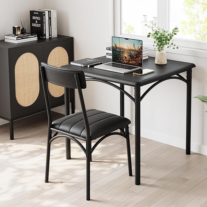 GarveeHome Dining Table Set for 2, Kitchen Table with 2 Upholstered Chairs, Wood Square Dining Table and Chairs Set for Small Space, Apartment, Dinner, Rustic Black