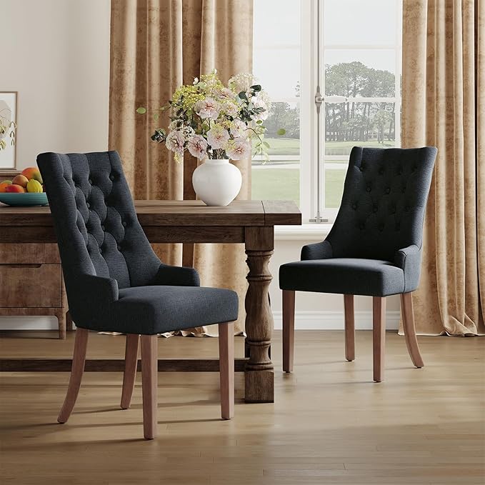 COLAMY Wingback Upholstered Side Dining Room Chairs Set of 4, Fabric Dining Chairs with Tufted Button, Living Room Chairs for Home Kitchen, Black