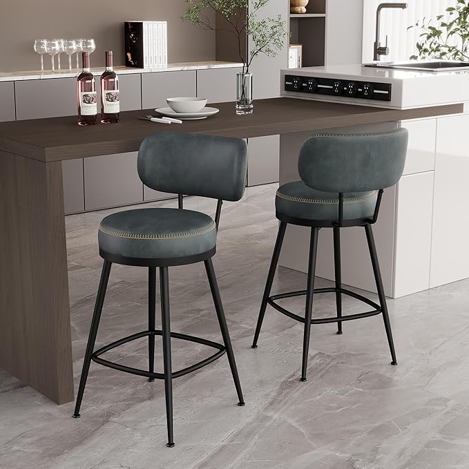 Counter Height Bar Stools, 26" H Swivel Barstools Set of 8, Faux Leather Kitchen Counter Stools with Back and Stylish Stitching, Metal Frame, Pub, Home Bar, Balck Green
