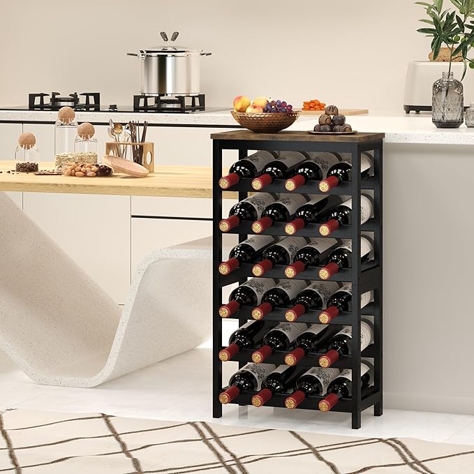 6 Tier Bamboo Wine Rack Freestanding Floor, 24 Bottles Wine Storage Shelves with Table Top, Stackable Wine Display Rack for Kitchen, Bar, Dining Room, Rustic Brown and Black