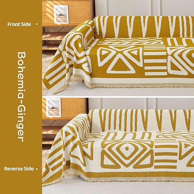 STACYPIK Boho Couch Cover, Ginger Yellow Sofa Cover for L Shaped Pet-Friendly, Reversible Sofa Protector for 3 Cushion Couch, Anti Slip Sofa Cover for Dogs, Washable Jacquard Loveseat Covers-71X134IN