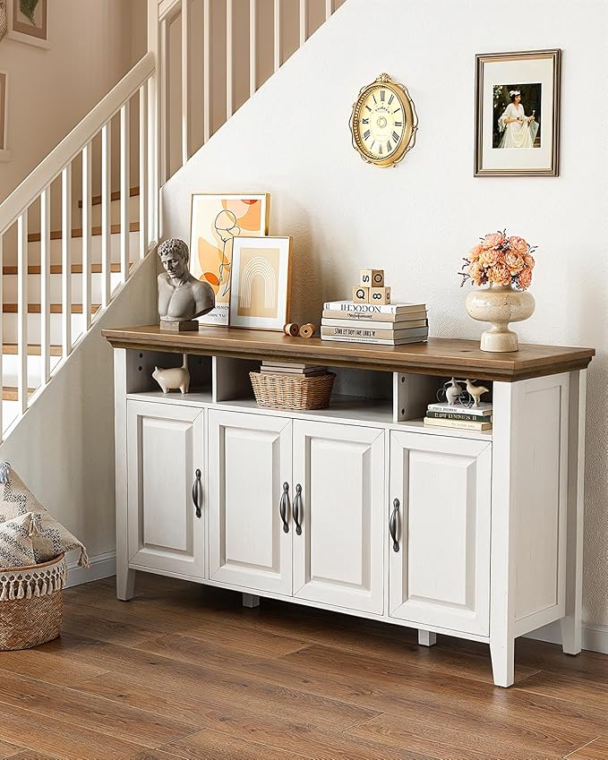 Marsail Sideboard Buffet Cabinet with Storage, 55" Farmhouse Kitchen Buffet Bar Table 4 Door Storage Cabinets for Dining Room Furniture, Wood White