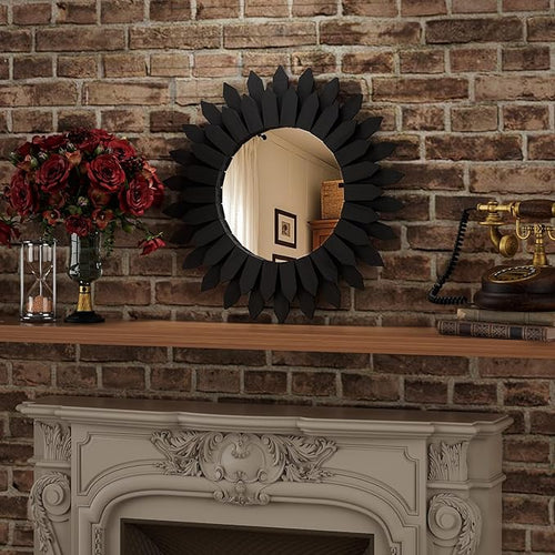 20 Inch Black Boho Wall Decor Sunburst Mirror - Round Wooden Wall Decor, Handmade Rustic Circular Mirror for Living Room, Bedroom, Entryway, Office