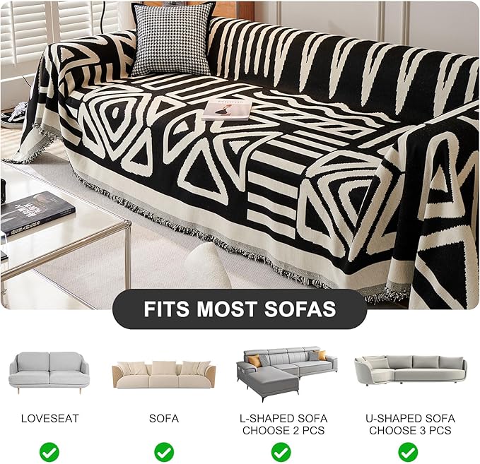 STACYPIK Boho Triangle Couch Cover for Dogs Non-Slip Sofa Cover for 3 Cushion Couch Sofa Beige Black Sectional Couch Cover Pet Furniture Protector Covers Reversible Anti Slip Loveseat Cover-91X134IN