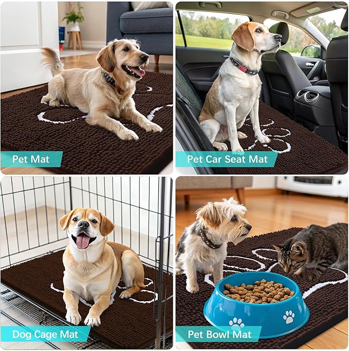 OLANLY Door Mat for Muddy Dog Paws 70x46, Ultra Absorbent Chenille Mud Doormat with Paw Print Design, Non-Slip Washable Doormat for Indoor Entryway, Quick-Dry Pet Bed Mats for Dirty Dogs, Brown