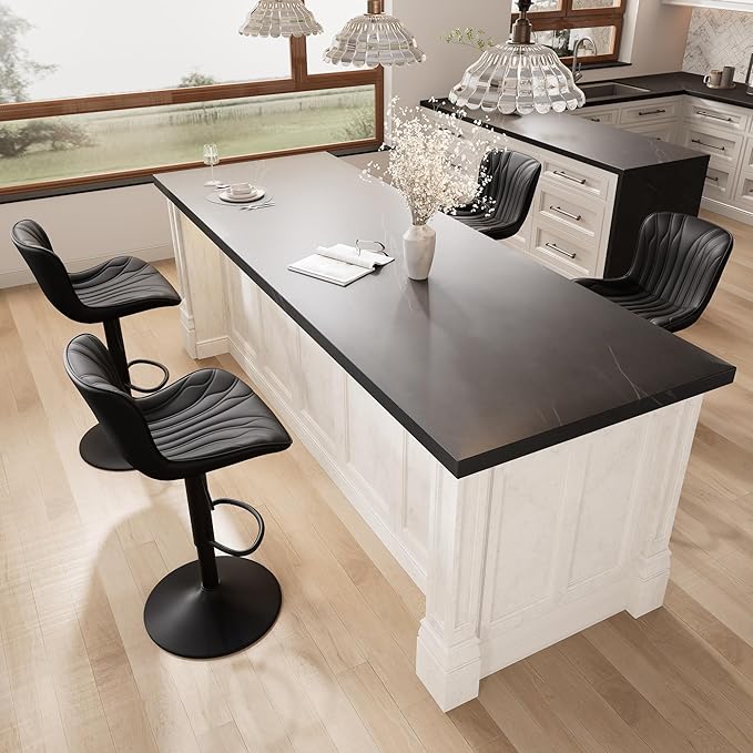 YOUNIKE Black Bar Stools Set of 6 Modern Swivel Counter Height Bar Chair with Back Adjustable Kitchen Island Faux Leather Padded Barstools taburetes de bar Breakfast sillas para barra de cocina 6PCS