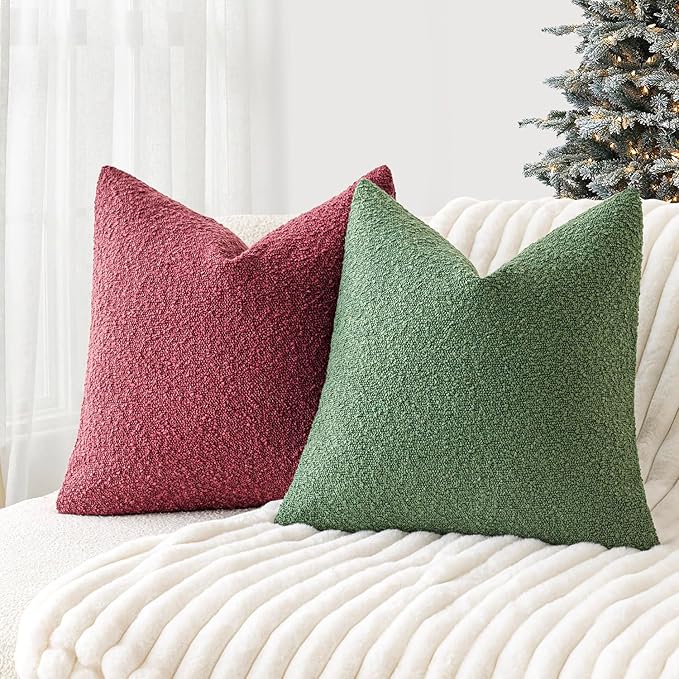 Foindtower Pack of 2 Textured Boucle Throw Pillow Covers Accent Solid Pillow Cases Cozy Soft Decorative Couch Cushion Case for Chair Sofa Bedroom Living Room Home Decor 20 x 20 Inch Hunter Green