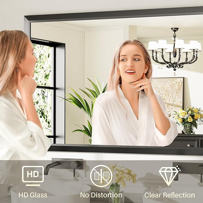 60x28 Inch Black Bathroom Mirror for Wall, Thick Metal Framed Rectangle Mirrors for Over Sink, Bedroom, Living Room, Entryway, Anti-Rust, HD Tempered Glass