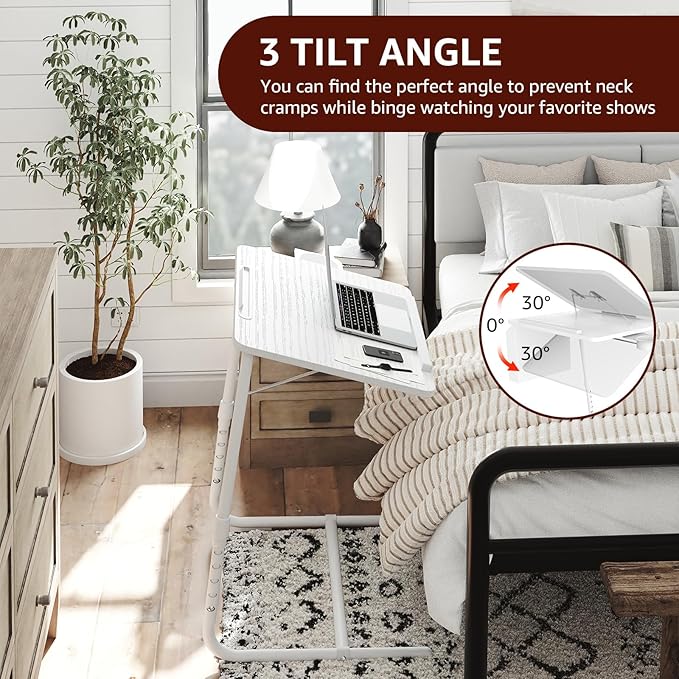 Adjustable TV Tray Folding Dinner - White Trays for Eating On Couch Wooden Tables Mate Stand Foldable Desk with Cup Holder Portable
