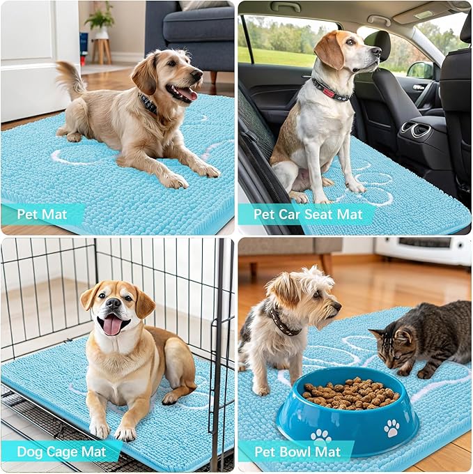 OLANLY Door Mat for Muddy Dog Paws 40x32, Ultra Absorbent Chenille Mud Doormat with Paw Print Design, Non-Slip Washable Doormat for Indoor Entryway, Quick-Dry Pet Bed Mats for Dirty Dogs, Blue
