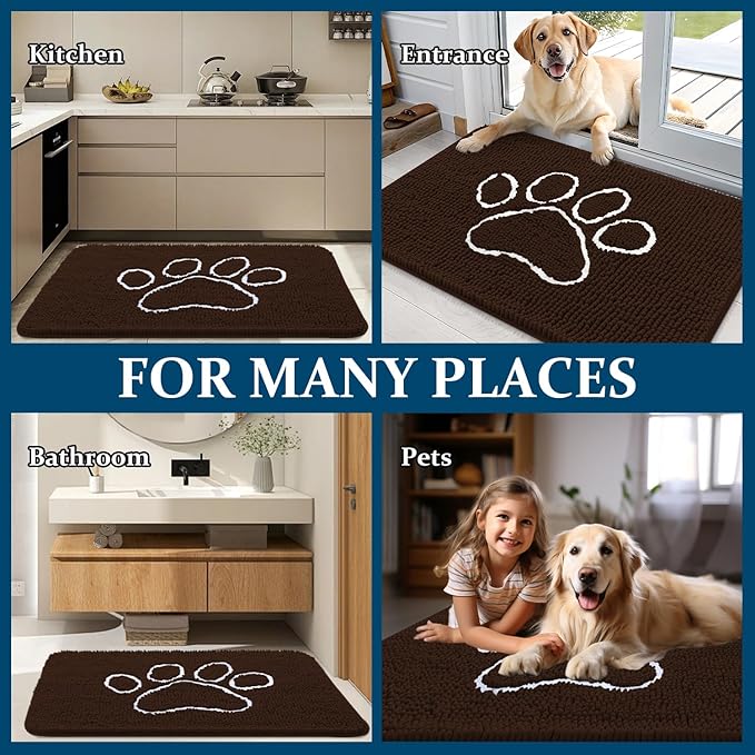 OLANLY Door Mat for Muddy Dog Paws 70x46, Ultra Absorbent Chenille Mud Doormat with Paw Print Design, Non-Slip Washable Doormat for Indoor Entryway, Quick-Dry Pet Bed Mats for Dirty Dogs, Brown