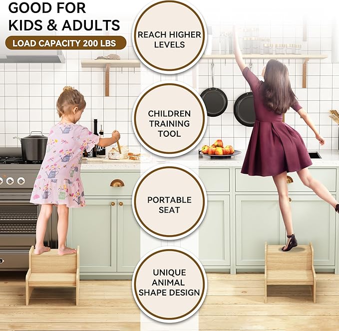 Wood Step Stools for Kids, Child Two Step Stool of DIY Shape, Toddler Step Stools Potty Training Stool, Easy to Move Safety for Kitchen, Bathroom, Bedroom, Toilet