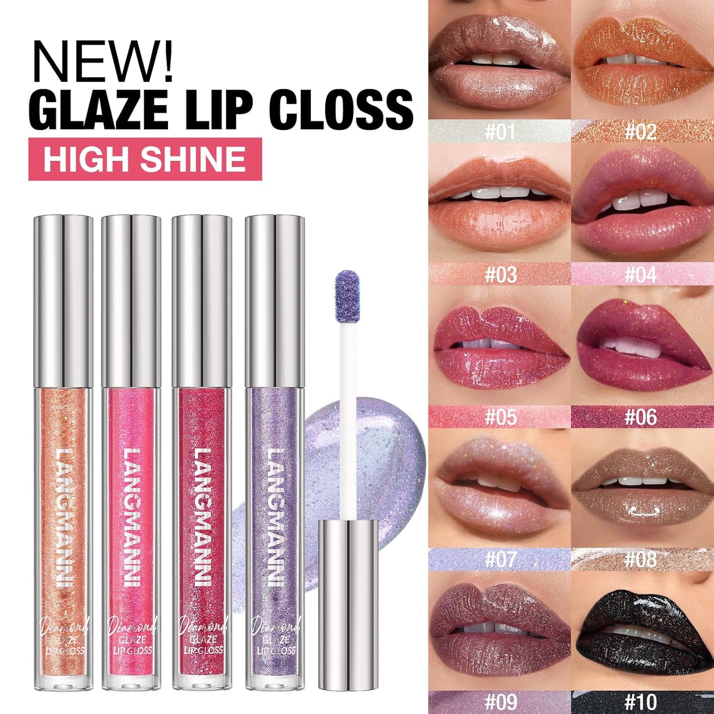 LANGMANNI 6 Colors Diamond Glitter Lip Gloss Set,Long Lasting High Shine Shimmer Liquid Lipstick Set,Hydrating,Moisturizing Lip Gloss Kit Gift Makeup For Girls(#05+06+07+08+09+10)