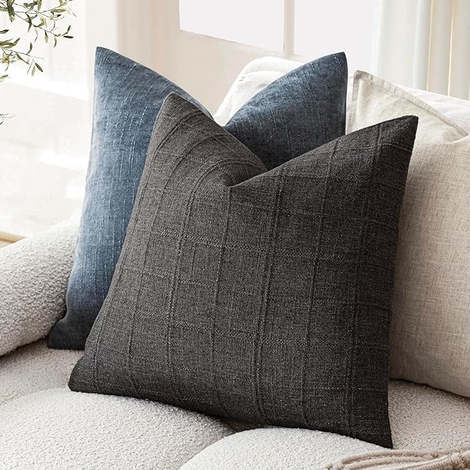 Foindtower Set of 2 Decorative Linen Check Throw Pillow Covers Neutral Farmhouse Vintage Cushion Covers Modern Boho Home Decor for Sofa Chair Couch Bedroom Living Room Outdoor,24×24 Inch,Charcoal