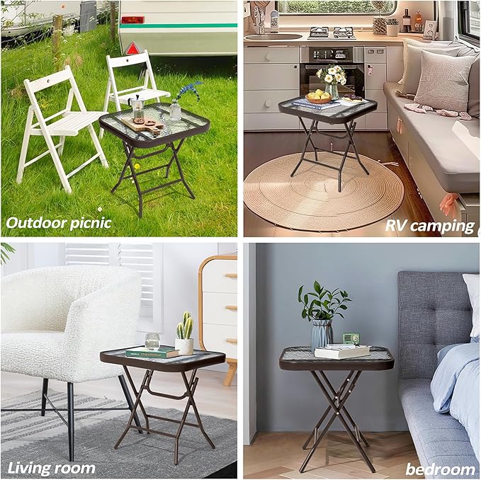 Foldable Outdoor Side Table with Tempered Glass Top Square 18" Folding Patio Side Table Small Glass End Tables for Patio Porch Yard Balcony Deck Lawn Dining Garden (Brown)