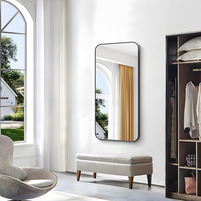 BONEWEI 24x48 inch Bathroom Mirror,Black Rectangle Mirror,Wall Mounted Bathroom Frame Vanity Mirror with Round Corner for Bedroom Living Room, Entryway Hangs Horizontal or Vertical